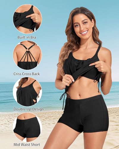 Image of Holipick Blouson Tankini Swimsuits for Women - Two Piece Tummy Control Bathing Suit with Shorts Modest Swimwear