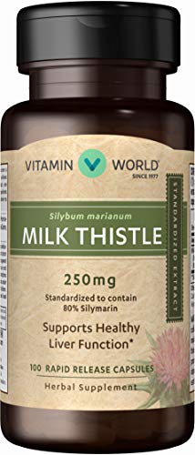 Vitamin World Milk Thistle (Silymarin) Standardized Extract 250mg 100 Capsules, St. Mary’s Thistle, Supports Liver Health, Antioxidant, Rapid-Release, Gluten Free