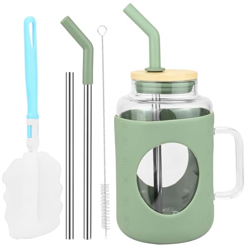 JTOOYS Glass Tumbler with Straw and Lid, 1200ml Reusable Water Bottles with Time Marker and Silicone Sleeve Boba Cup Bubble Tea Cup Iced Coffee Cup Smoothie Cup Travel Cup for Home Office or Car