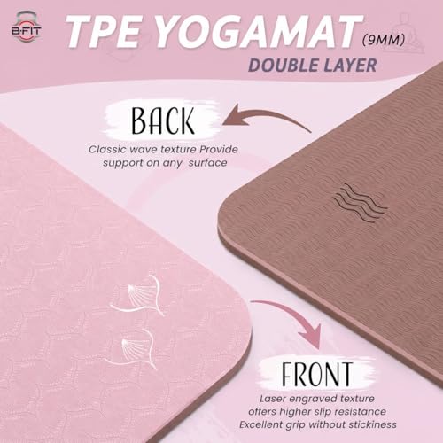 Image of B Fit Extra Wide 36x72 Inchs 9 MM Thick Original TPE Yoga Mat - Free Yoga Bag and Strap Included - With Alignment System, Non-slip, Eco-friendly, sweat-resistant (Peach-Tan)