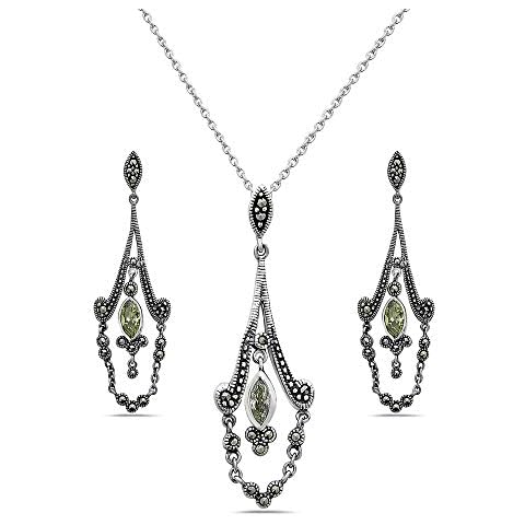 Sterling Silver Marcasite Peridot Green Marquise CZ Dangle Drape Earring and Pendant Set 16" Chain Cover