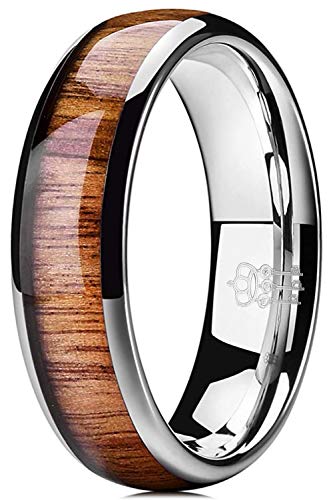 THREE KEYS JEWELRY 6mm White Tungsten Carbide Wedding Ring for Women with Koa Wood Inlay Domed Wedding Band Engagement Ring Comfort Fit Size 8