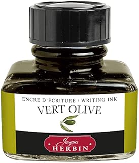 Jacques Herbin - Ref 13036T - Ink for Fountain Pens & Rollerball Pens - Vert Olive / Olive Green - 30ml Bottle with Integrated Pen Rest - Green-Coloured Ink