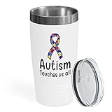 Flairy Land Autism Awareness Day Tumbler 20oz White -Autism Touches Us All - Acceptance Autistic Child Fighter Mom Speech Therapist Superpower Kid