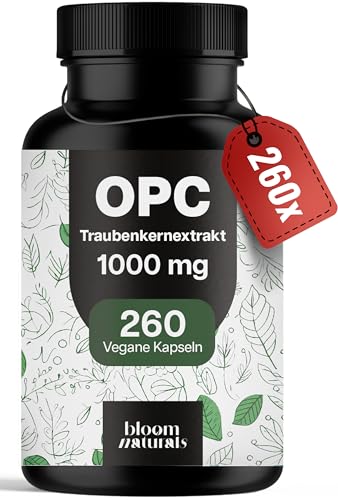 OPC Traubenkernextrakt Hochdosiert - 260 Kapseln mit 75% reinem O.P.C je 1000 mg pro 2 Kapseln - Vegan & Produziert in Deutschland - Verpackung kann variieren 1