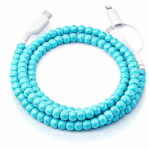 Image of Stylish Beaded Phone Charger Cable Colors USB Charging Cord for Smartphones (2-1 to USB C, Turquoise, 6.6ft)