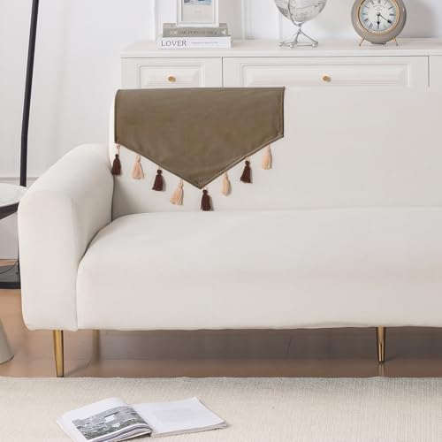 Image of HOKIPO Premium Holland Velvet Sofa Backrest Cover with Tassels - 'TasselTone Series', Coffee Brown (IN-1103-CF)