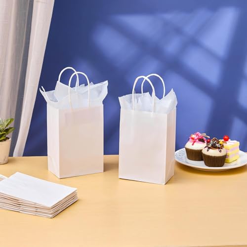Image of SUNCOLOR White Gift Bags, 24 Pack 8 inch Small Kraft Paper Bags with Handles for Party Favors, Wedding, Birthday Treats