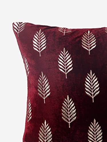 Image of Decoghar | Wine Handmade Sofa Cushion Covers | Golden Zari Leaf Embroidered Square Throw Pillow Cushion Cover | 16 X 16 Inch | Pack of 5