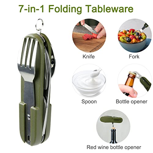 Stainless Steel Kitchen Utensil Set 7-In-1 Folding Tableware (Fork/Knife/Spoon/Bottle Opener) For Camping Backpack Picnic Cutlery Set Camp Knife Metal Working Tools And Equipment Utensil Tool Kit #TOP1