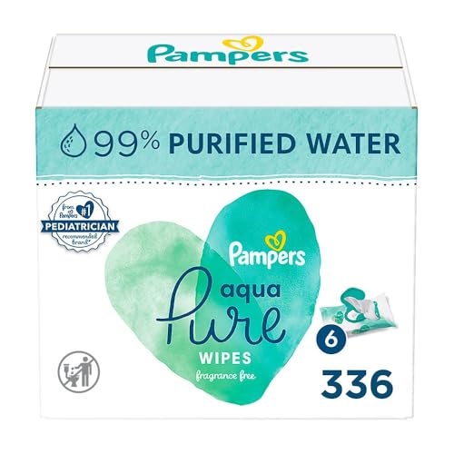 Image of Pampers Baby Wipes Aqua Pure, 99% water-based wipes, Hypoallergenic and Unscented Baby Wipes, 336 Wipes Total (6 Flip-Top Packs)