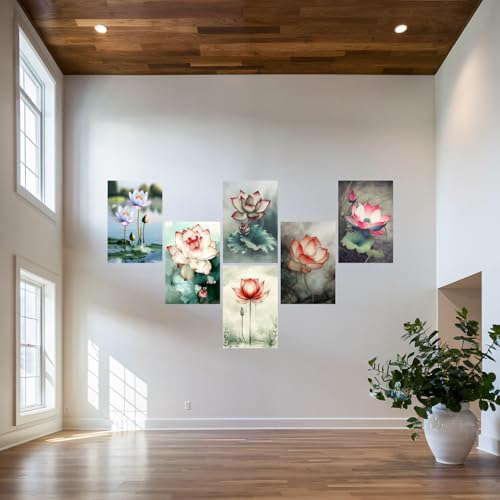 Image of SiddArtify Lotus Flower Wall Art Poster Print Set - Botanical Prints for Living Room Bedroom Office Decor - 8x12 Sticker Pack of 6