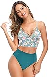 SHEKINI Damen Bikini Set Rückenfrei Verstellbar Crossover Ties-up Bikinioberteil Zweiteiliger Badeanzug Gedruckt Hohe Taille Bikinihose Bademode(S,Dunkelgrün-B)