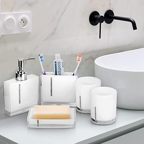 Bathroom Accessories Set, Acrylic Bathroom Designer 5-Piece Bath Accessory Set Including Toothbrush Holder Dish Toothbrush Cup Dispenser Gargle Cup Decorative Bath Accessory Kit (White)