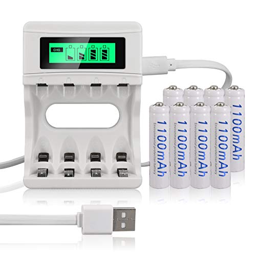 PALO 8 Pack AAA 1100mAh Rechargeable Batteries with 4 Bay Smart LCD Screen Battery Charger