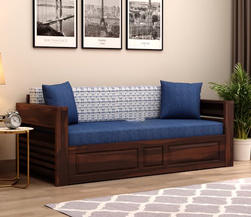Image of Mamta Furniture Sheesham Wood Foster 3 Seater Sofa Cum Bed for Living Room Three Seater Sofa Bed for Home Sofa Com Bed Sheesham Wood |(Walnut Iris Blue)