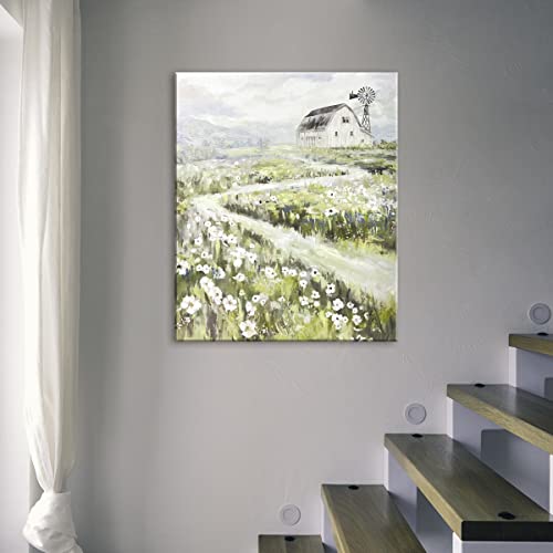 Hi.i.u.88 Rustic Wall Decor Old White Barn Canvas Art Painting With Windmill Bathroom Deco Pictures For Farmhouse Bedroom Framed Ready To Hang (Green, 12X15In), 12X15In #TOP7