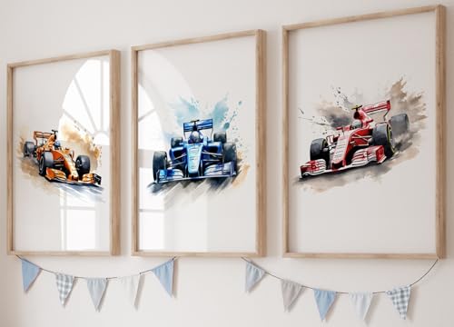 Image of Racing Cars Set of 3 Unframed Poster Prints for Boy Girl Nursery Bedroom Playroom, Watercolour Design, Wall Art Transport Decor, Fast Racing Cars, Orange Blue Red (A4)