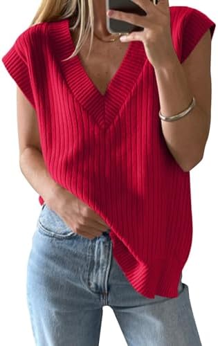 Saodimallsu Damen Sommer Ärmellos V-Ausschnitt Pullover Weste | Oversized, Tank Tops, Leichtgewicht, Strickpullover, Elegante