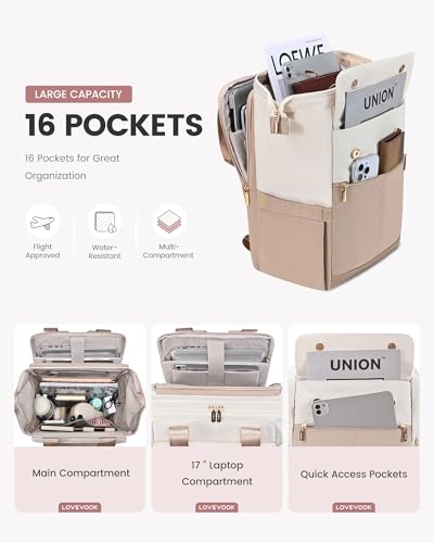 Image of LOVEVOOK 17.3 Inch Laptop Backpack for Women, Large Capacity Travel Backpack with Organizer Bag, Waterproof Carry on Backpack Work Bag with USB Port, Teacher Nurse Backpack Purse, 2PCS