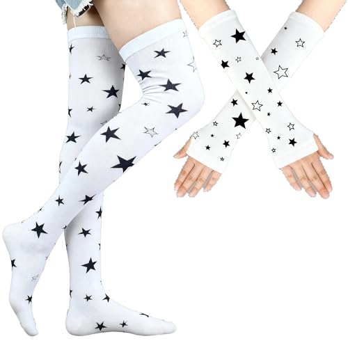 Image of YELAIVP Over Knee Rainbow Thigh High Socks Gloves Set Cosplay Accessories Arm Leg Warmers for Girls
