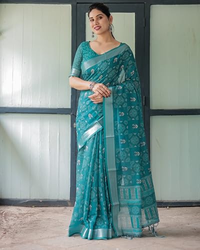 Image of Kaugalian store Linen Cotton Floral Printed Saree for Women with Unstitched Blouse Piece | 5.5 M Saree & 0.8 M Blouse