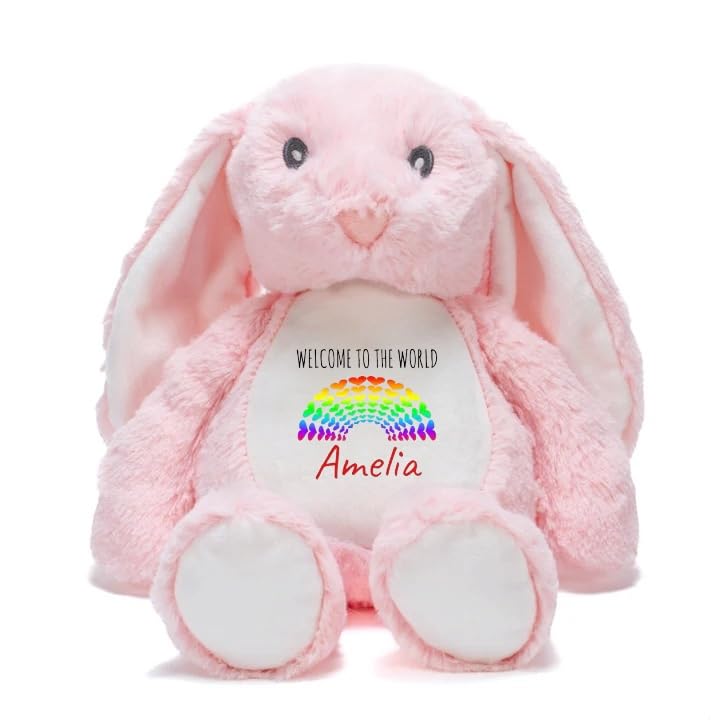 Ava Graceful Designs Personalised Teddy Plushie Newborn Gift Welcome to the World Soft Toy, Pink Bunny