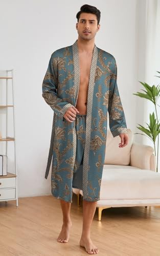 Men's Floral Paisley Pajama Sets Long Sleeve Kimono Robe and Shorts 2 Pieces Pj Sets3