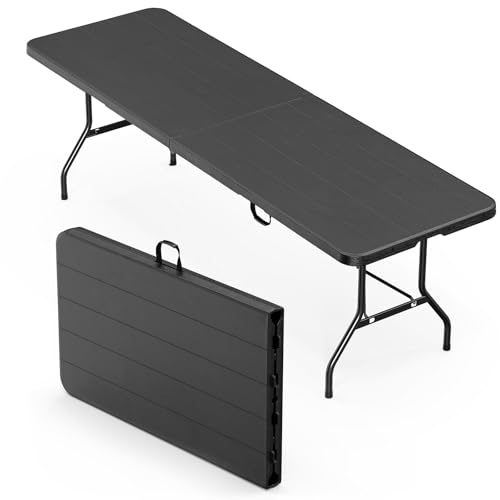 Bonnlo Folding Table 8ft, Portable Collapsible Plastic Black Long Tables for Party, Camping, Banquet, Craft, Dining, Wedding, Outdoor and Indoor Use
