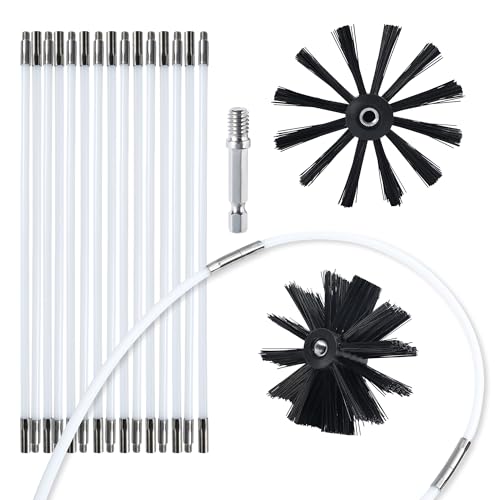 HOKLNUSE Dryer Vent Cleaner Kit Chimney Sweep Cleaning Tools Pellet Stove Cleaner Kit Air Dryer Duct Fireplace Brushes for Easy Lint Cleaning with 4 and 6 Brush Heads (Medium Duty, 20Feet)