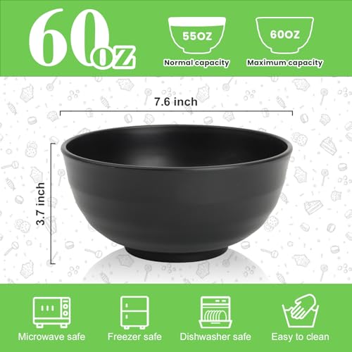 Image of Wheat Straw Bowls Set of 6, Unbreakable Lightweight 60 OZ Salad Bowls for Kitchen and Camping, Big Plastic Bowl for Serving, Cereal, Ramen, Soup, Microwave & Dishwasher Safe, Black