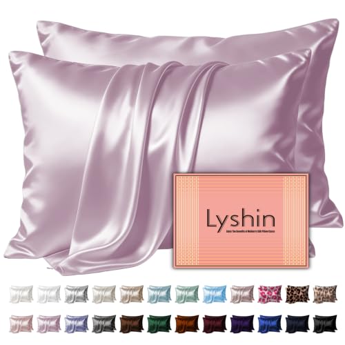 Image of LYSHIN Silk Pillow Cases 2 Pack Queen Size with Zipper, Lavender | 19 Momme Mulberry Silk Pillowcase for Skin and Hair, Anti-Acne, Hypoallergenic, Cooling, Beauty Sleep, Gifts for Women