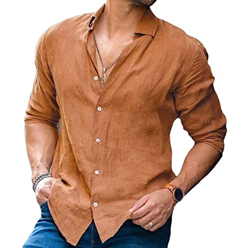 DGHM-JLMY Men's Buttoned Long-Sleeved Linen Shirt Casual Beach Loose Solid Color Shirt Button Down Holiday Shirts (Brown,Medium)