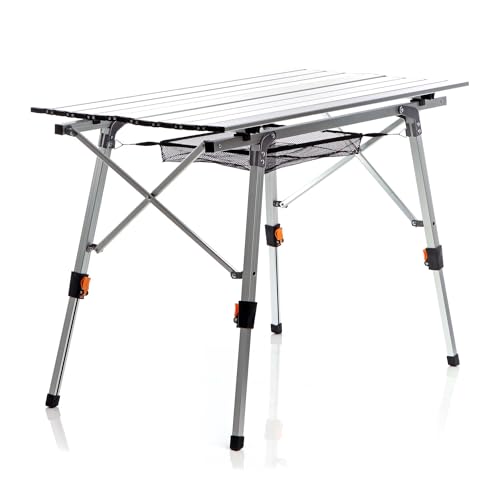 WilTec Table de Camping Pliante, 900 x 530 x 650 mm, Table Portable Grise en alu, réglable en Hauteur 45-65 cm, extérieur, BBQ, fêtes, Barbecue, Pique-Nique