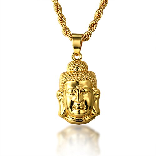 HALUKAKAH ● l'or Bénisse Tous ● Hommes Plaqué Or Véritable 18 Carats Tête de Bouddha Pendentif Collier Ensemble de Diamants Artificiels,avec 3mm...