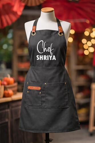 Image of AICA Personalized Name Apron for Kitchen Men & Women| Stylish Leather Adjustable Neck Strap| Front Pockets | Customised Name Waterproof Apron for Kitchen Cooking Resturants Cafes