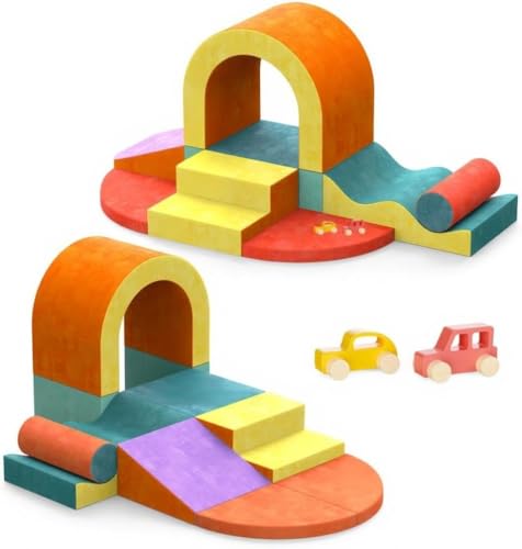 LOVIVO 10 PCS Soft Play Set Color Foam Climbing Blocks for Toddlers Soft Play Block with Toy Car Climbing Blocks for Toddlers 1-3 Indoor Climb and Crawl Set