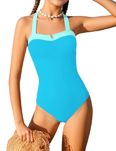 Image of Shallmu Girls One Piece Swimsuits Color Block Dual Crossback Straps with Cover Up Skirt Girl's Swimwear 9-16Y