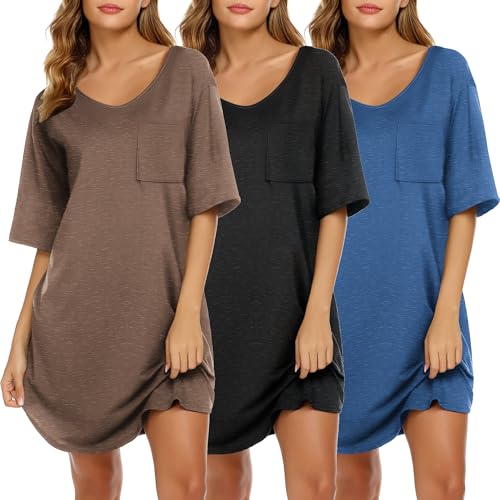 Image of Ekouaer Nightgowns for Women 3 Pack Sleepshirt Short Sleeve Nightshirt V Neck Sleepdress Oversized Sleepwear