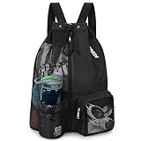 WANDF Mesh-Rucksack mit Kordelzug Turnbeutel Sportbeutel Gym Bag Mit Reißverschluß und Nasstasche für Fitnessstudio und Trainingsausrüstung (L-Schwarz)