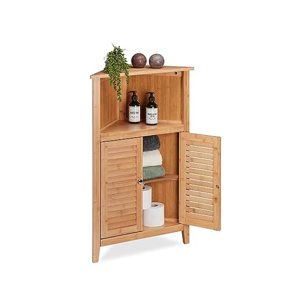 Relaxdays Eckschrank, Bambus, HxBxT: 92 x 58 x 30 cm, Badschrank mit 2 Lamellentüren, Eckkommode für Bad & Küche, Natur