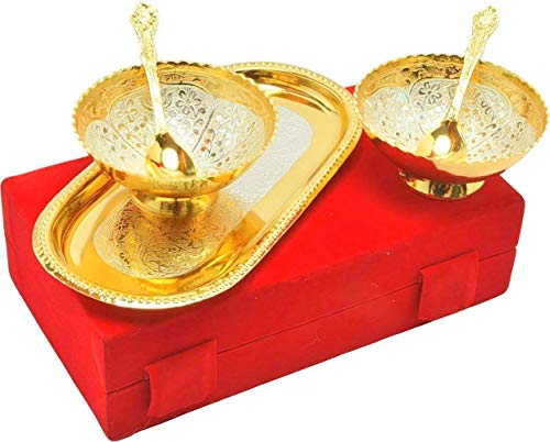 Image of Bowl Spoon Tray Set Silver Plated Dessert Dry Fruits Serving Diwali Christmas Eid Wedding Return Gifts Friends Family Housewarming Home Decoration Corporate (Minar)