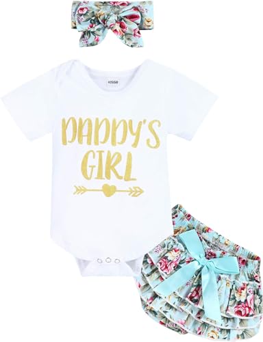 KISSB Newborn Baby Girl Clothes Outfits Little Girl Daddy's Princess Romper Bodysuit Floral Shorts 3PCs Infant Clothing Set (0-3M/size70) White+green