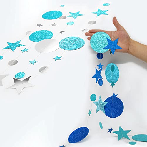 Image of Blue Party Decoration Blue Star Circle Dot Hanging Garland Hanging Streamer Decorations Glitter Star Bunting Banner Twinkle Backdrop for Wedding Anniversary Baby Shower Birthday Christmas