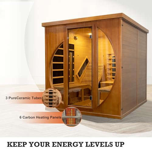 Far Infrared Home Sauna Room, Luxurious Canadian Red Cedar Sauna with 2 Oversize Recliners, 220V, 3400 W, 9 Heating Element, Bluetooth Speakers, Ceiling Chromotherapy, Oxygen Bar, Low EMF