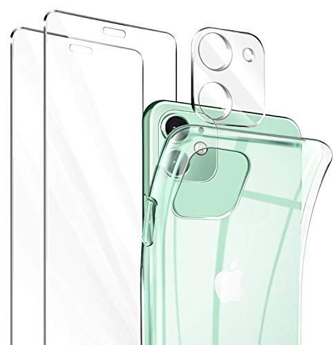 Leathlux Hoesje voor iPhone 11 + 2 stuks gehard glas schermbeschermfolie + 2 stuks lensbeschermingsfilm, transparante siliconen TPU beschermhoes voor iPhone 11