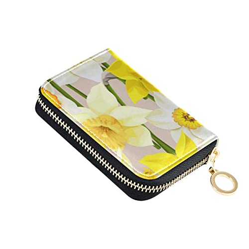 Seamless White and Yellow Daffodils Flowers Texture Grey Credit Card Coin wallet, RFID Blocking Compact Women Leather Card Holder, Key Change Organizer, Zipper Purse Clutch Pouch