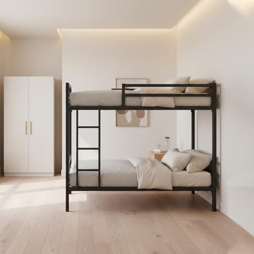 Image of Metal Wrought Iron Bunk Bed Frame Without Mattress | Heavy Duty Double Decker Twin Over Twin Bed with Guardrails & Ladder | Powder Coated Bunker Bed for Adults (Single 3 x 6 feet)