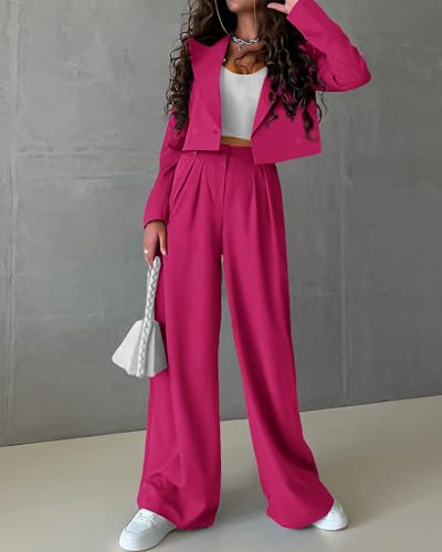 KIRUNDO Fall Sets Women 2 Piece Outfits Business Casual Cropped Blazer and Wide Leg Pants Suit Sets Work Clothes(Rose Red, Medium) — view 3