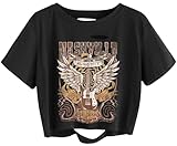 Women's Nashville Music City Distressed Shirt Rock Band Vintage Guitar Wings Graphic Crop Tee Country Music Concert Short Sleeve Tops(M,01Black-2)